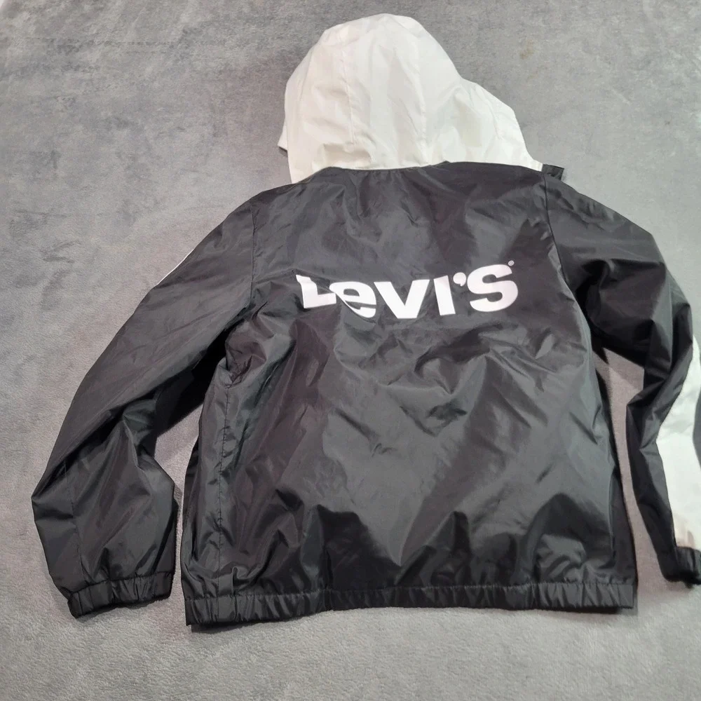 Levi's Windbreaker Jacket Kids Small 10 Black White Colorblock Hooded Logo Sport
